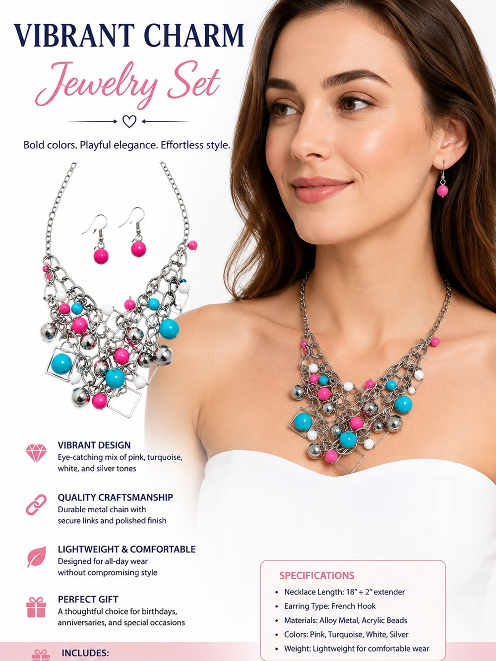 Vibrant Charm Women’s Pink & Turquoise Statement Necklace Set